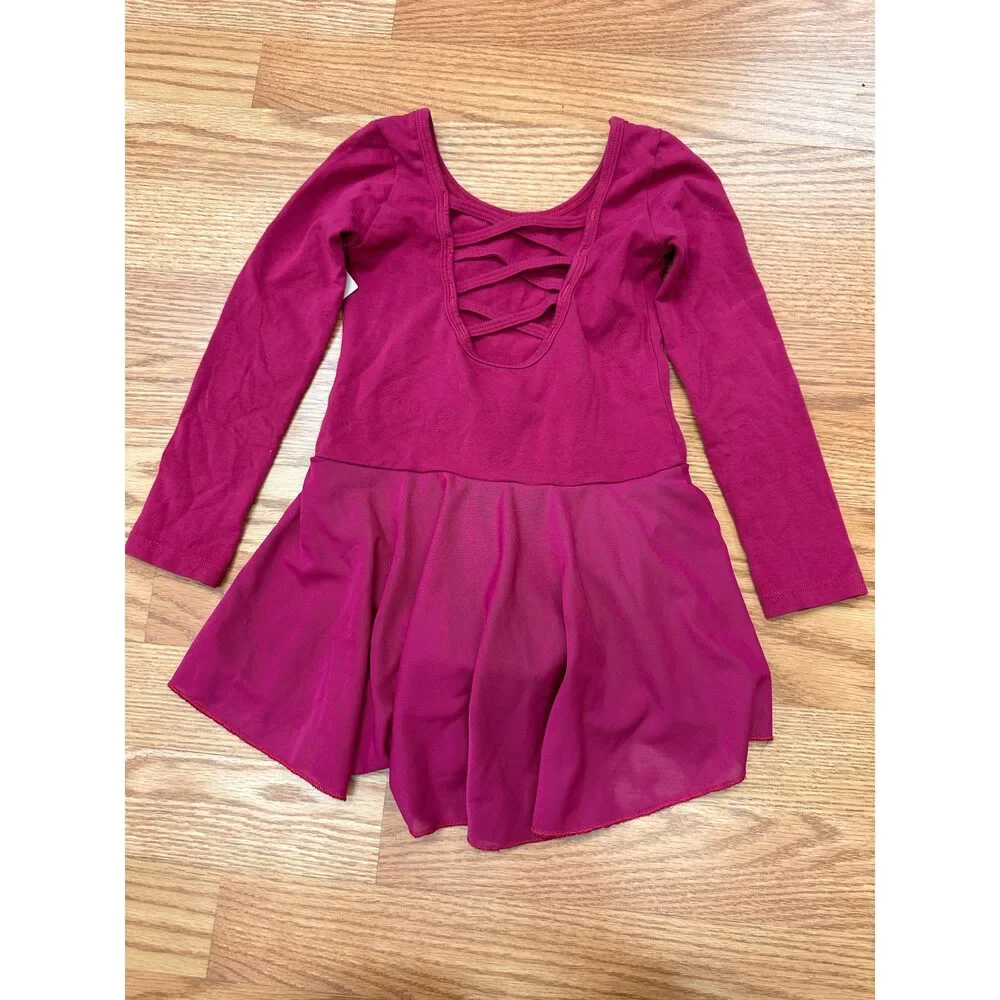 Pre-Owned Dance Leotard Dress Small Child Plum Pink Long Sleeve Cross Back Ball